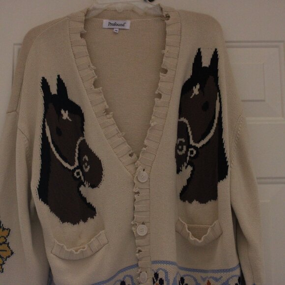 Free People x PROFOUND Oversize Floral Horses Distressed Cardigan Sz XS runs big - Picture 3 of 4